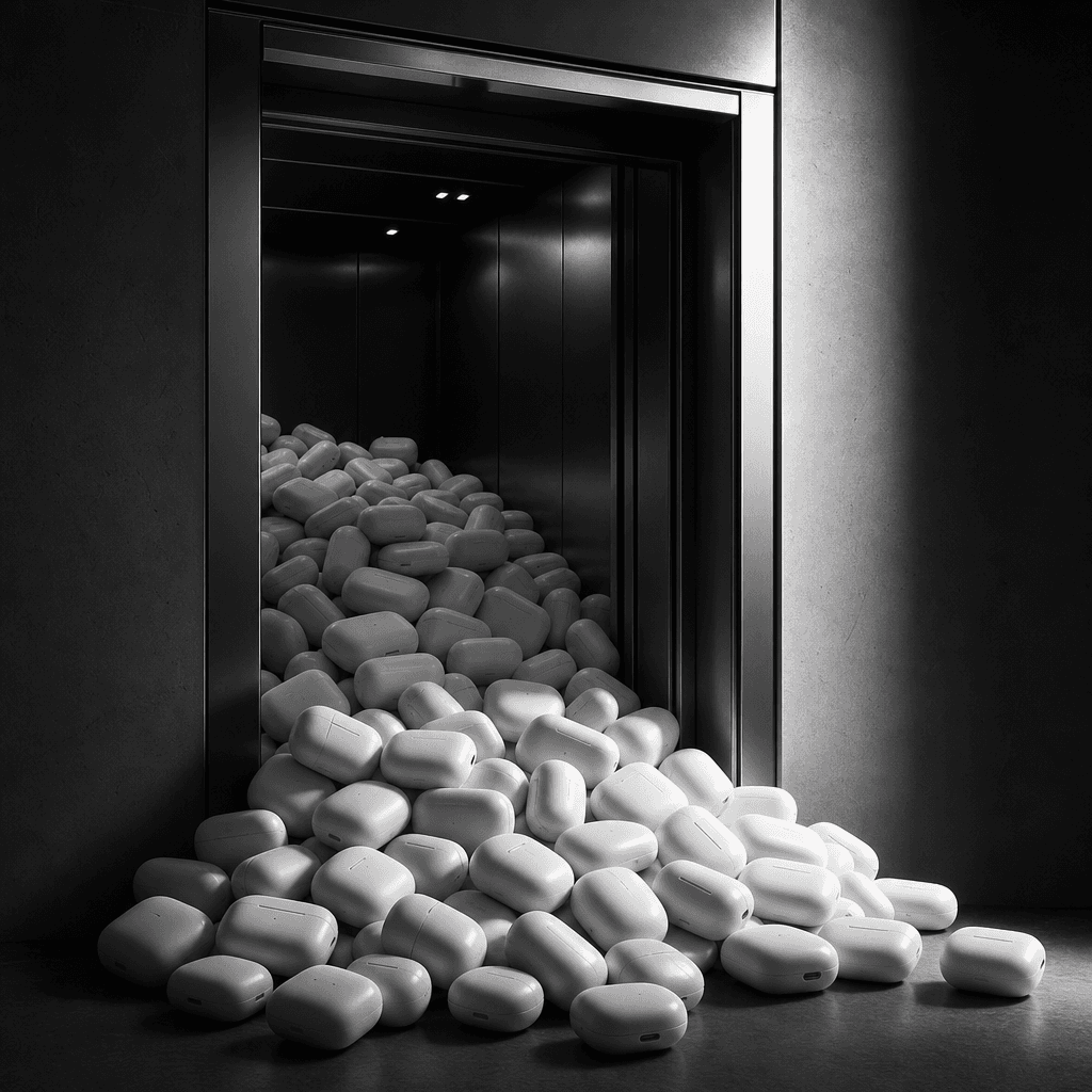 High-contrast monochromatic editorial elevator overflowing with sleek matte-white wireless earbud charging cases. Charco