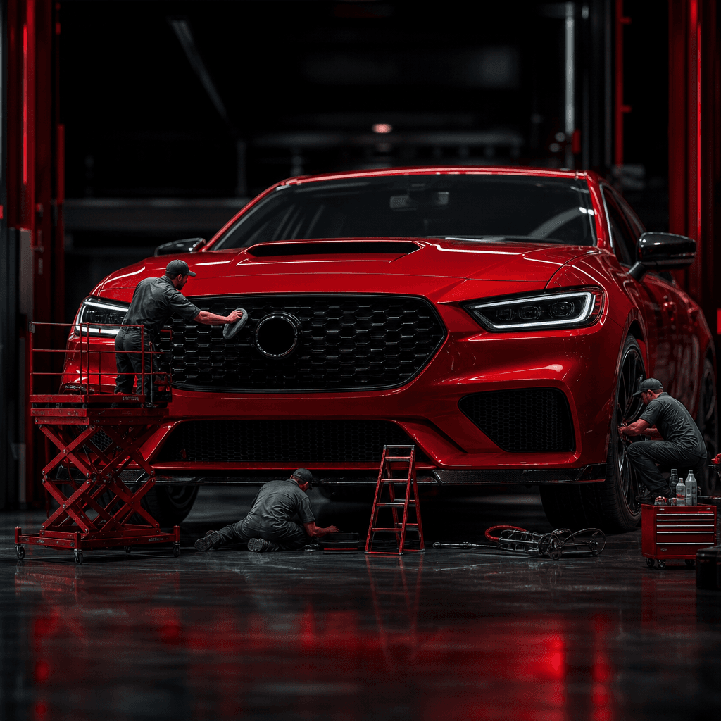 A glossy red performance car viewed from a low front angle while tiny mechanics operate miniature lifts, polish the gril