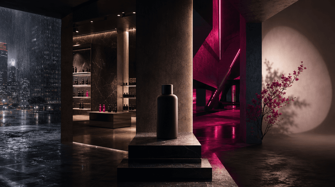 Four distinct cinematic lighting environments converging around one neutral product silhouette: realistic city rain, pol