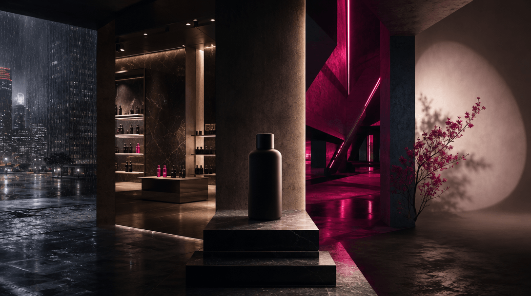 Four distinct cinematic lighting environments converging around one neutral product silhouette: realistic city rain, pol