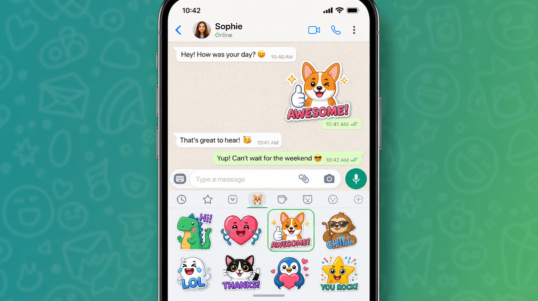 Vibrant stickers displayed on mobile device screen, messaging app environment, friend communication scenario, user inter