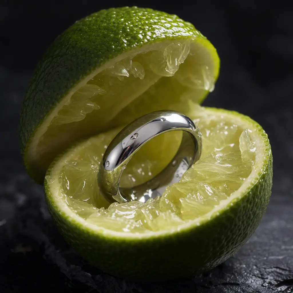 A polished silver ring nestled inside a freshly split green lime, translucent juice vesicles and tiny droplets catching