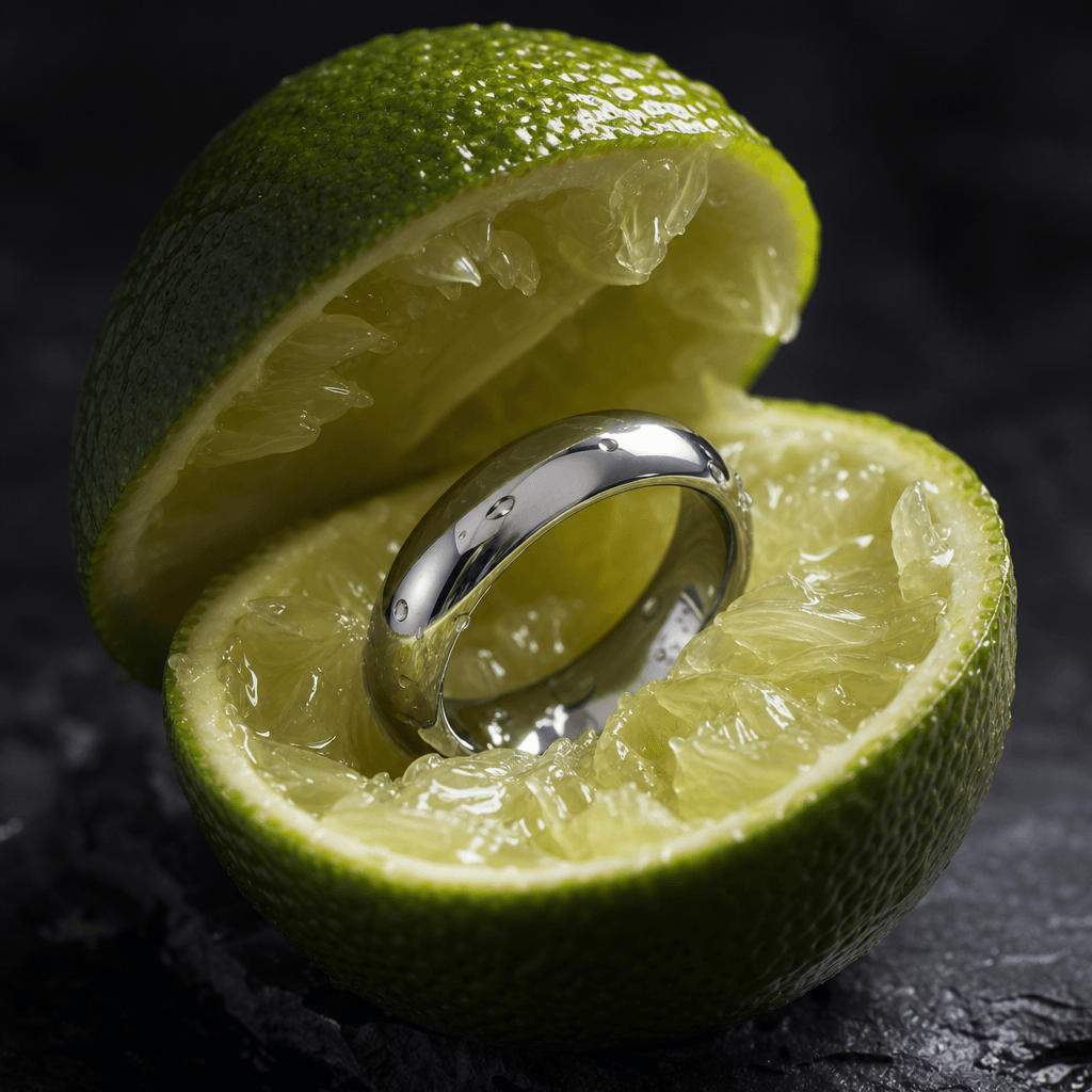 A polished silver ring nestled inside a freshly split green lime, translucent juice vesicles and tiny droplets catching