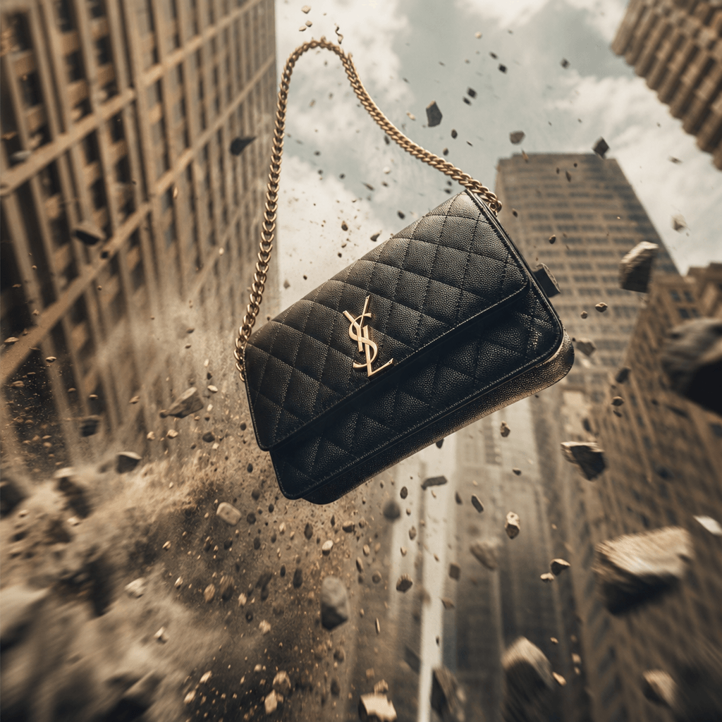 Designer handbag surging upward through urban environment, debris particles, dynamic motion blur, fashion photography st