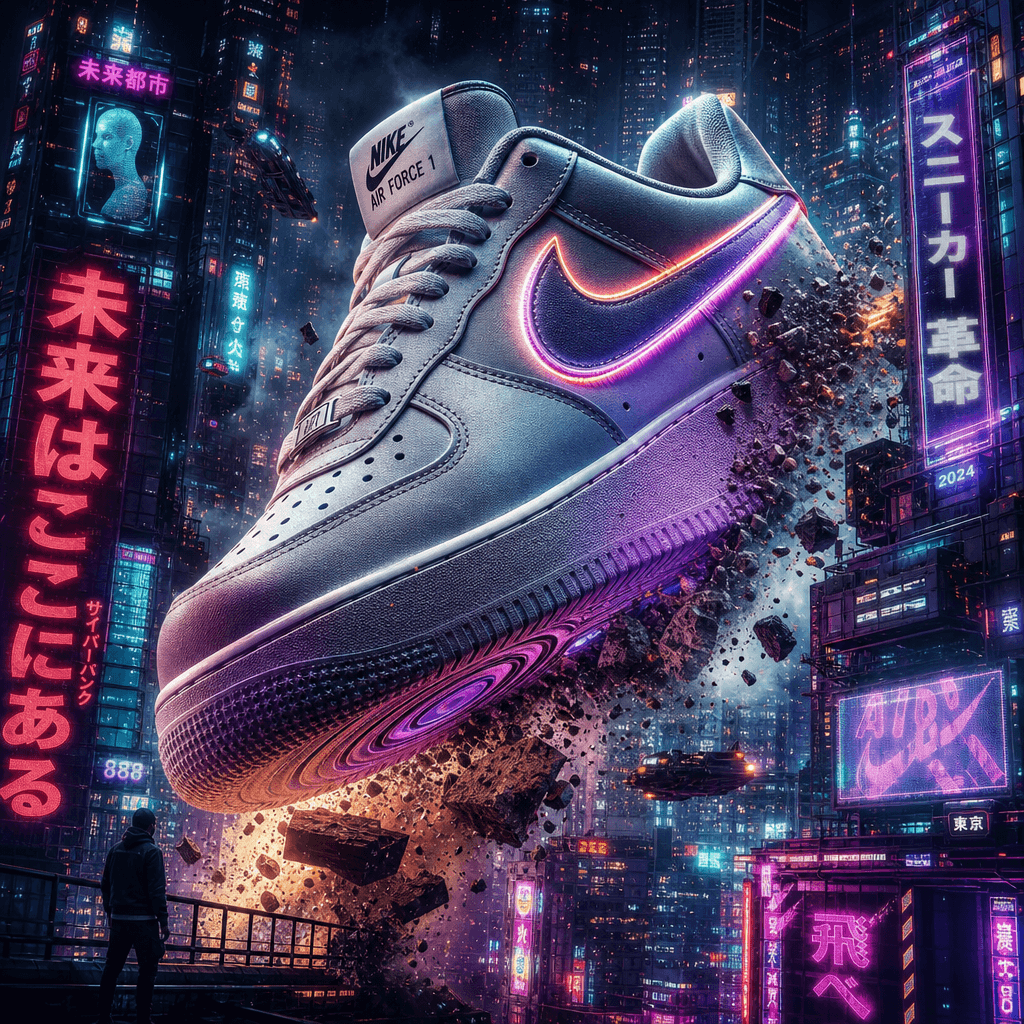 Oversized sneaker breaking through futuristic neon cityscape, sci-fi lighting effects, viral trend style, vibrant colors