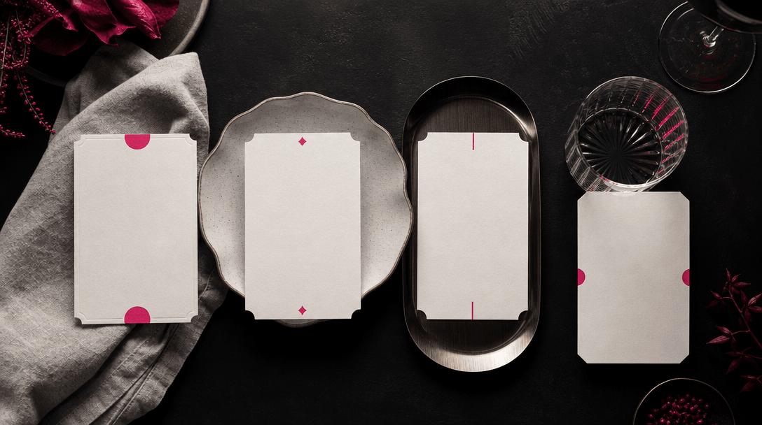 Four coordinated blank editorial cards arranged as a precise visual rhythm across a near-black restaurant table, each pa