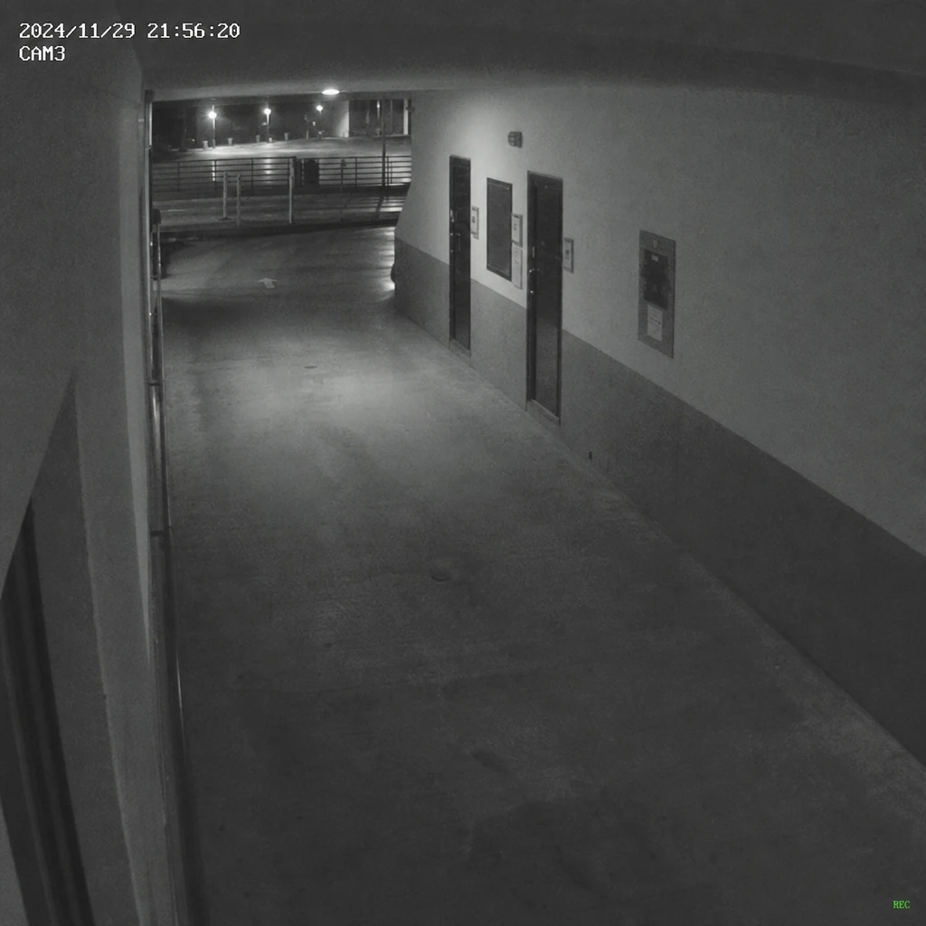Wide security camera perspective of empty hallway or parking lot, grainy CCTV quality, glowing timestamp in corner, auth