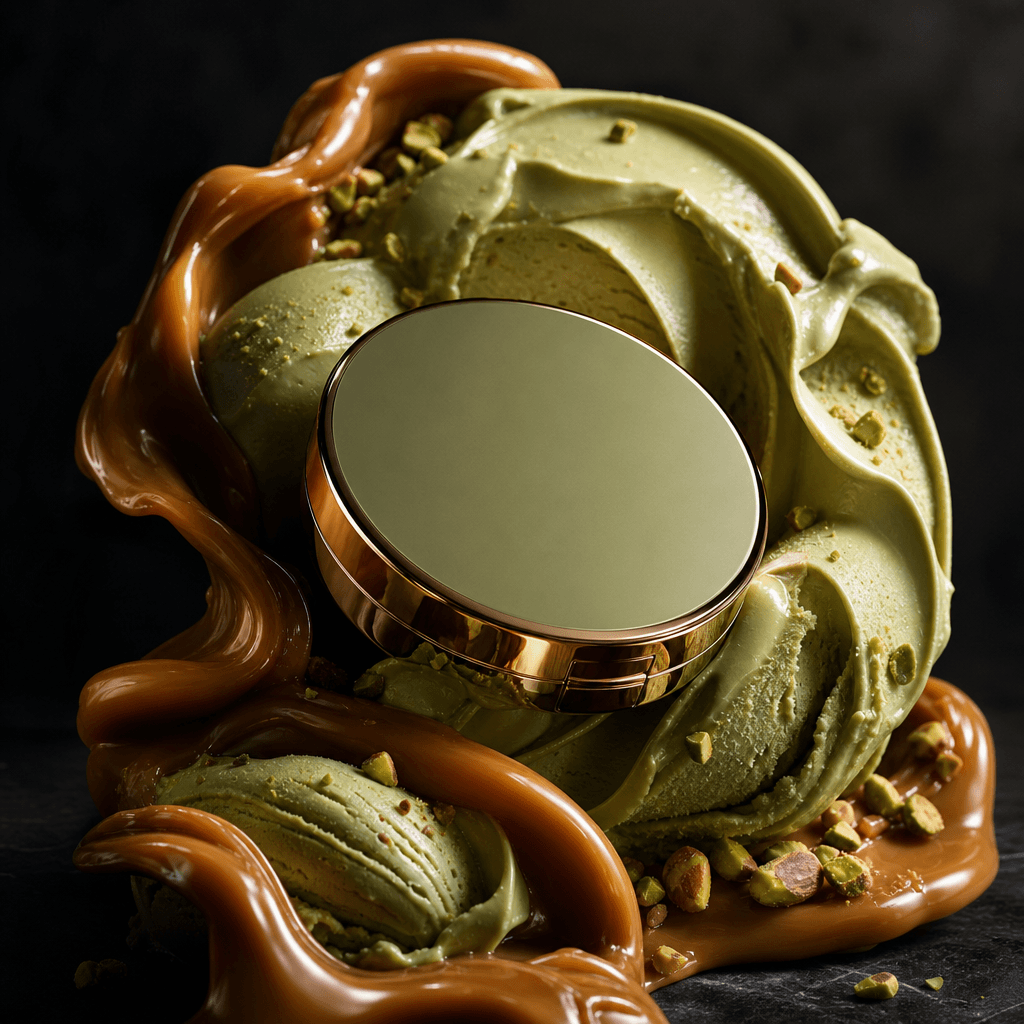 A compact cosmetic case resting between sculptural swirls of pistachio ice cream and glossy caramel, dramatic dark edito