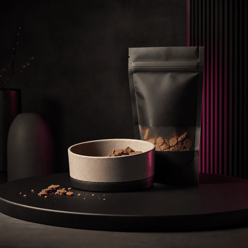 A modern ceramic pet bowl beside minimal packaged pet treats on a matte black dining platform, styled for an upscale dir
