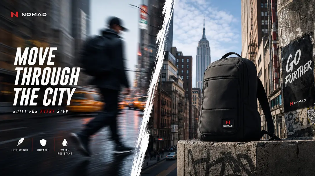 Dynamic visual split composition showing urban product placement: one side motion-blurred street scene with product feat