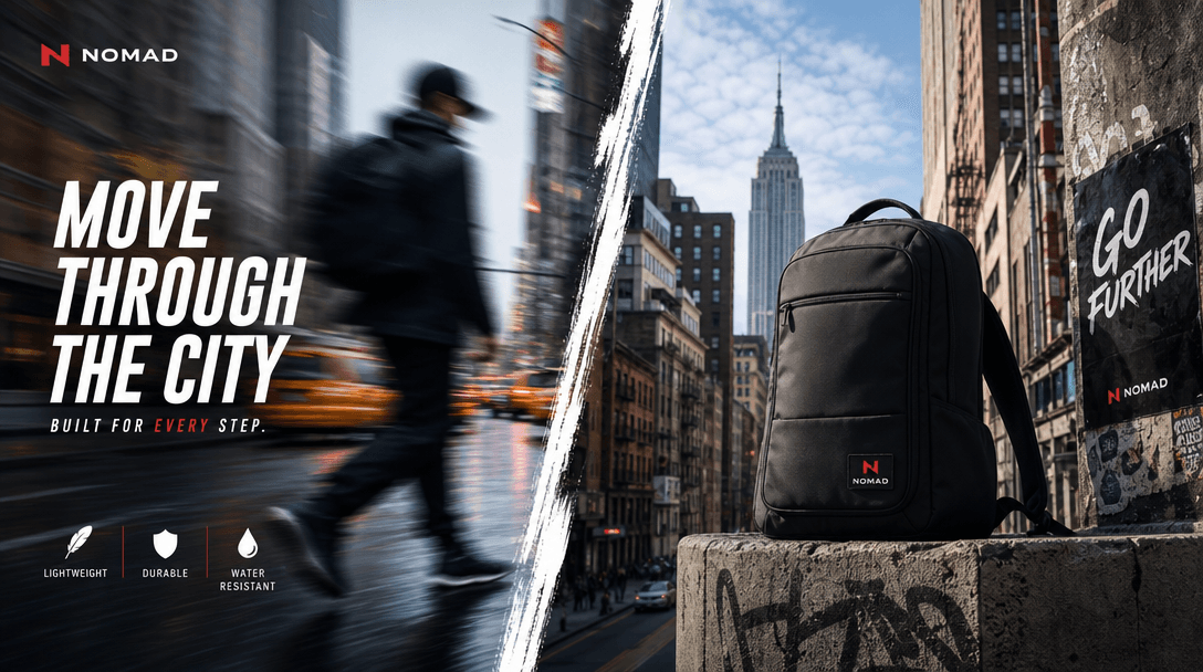 Dynamic visual split composition showing urban product placement: one side motion-blurred street scene with product feat