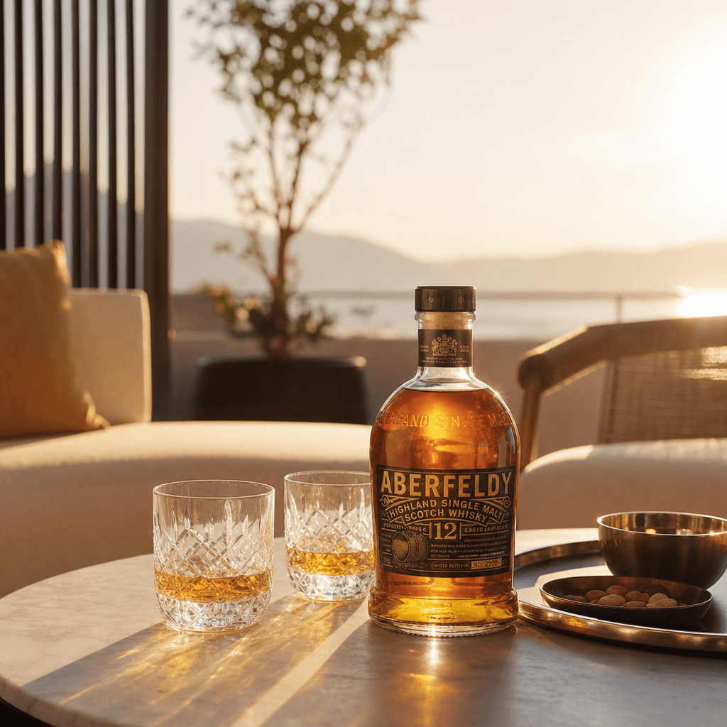 Sophisticated beverage lifestyle photography with drink in elegant setting, warm golden hour lighting, minimalist compos