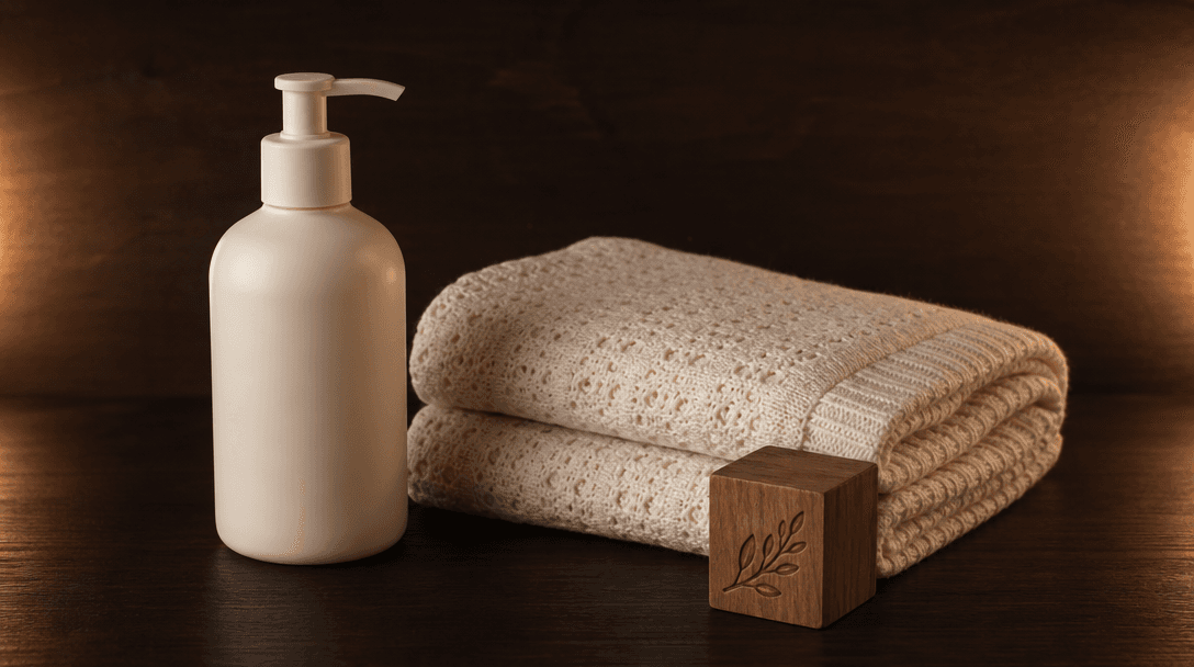 Dark editorial product arrangement: cream-colored baby lotion bottle, a soft knit swaddle folded neatly, and a small eng