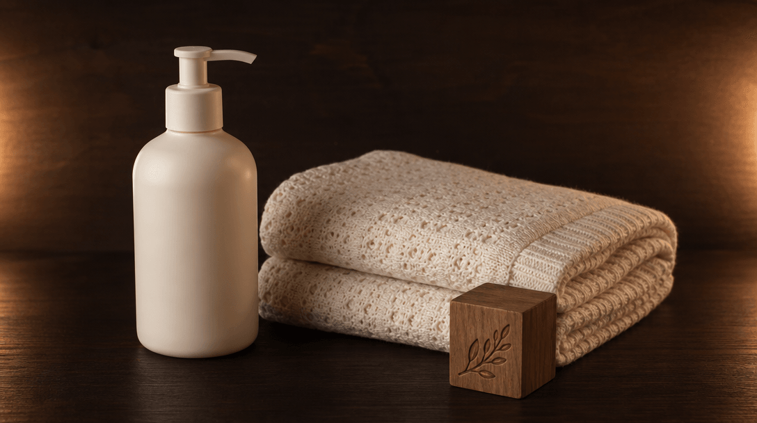 Dark editorial product arrangement: cream-colored baby lotion bottle, a soft knit swaddle folded neatly, and a small eng