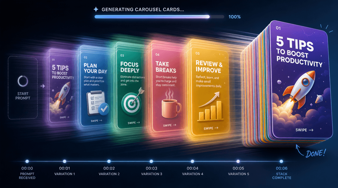 Time-lapse sequence showing multiple carousel cards being generated and stacked rapidly, variations appearing in quick s