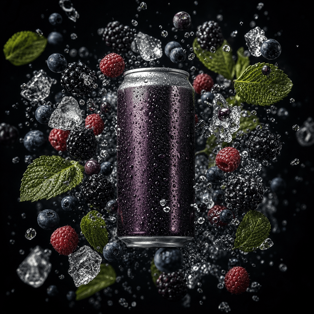 Artisanal beverage can at the center of suspended berries, sparkling water droplets, crushed ice, and aromatic leaves, a