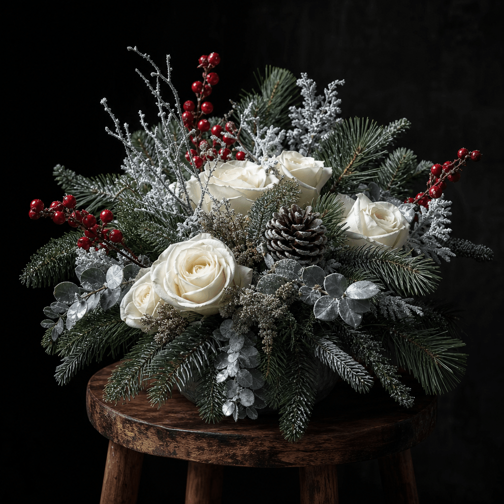 A seasonal winter bouquet of white roses, pine branches, silver foliage, and deep red berries on a rustic walnut stool,