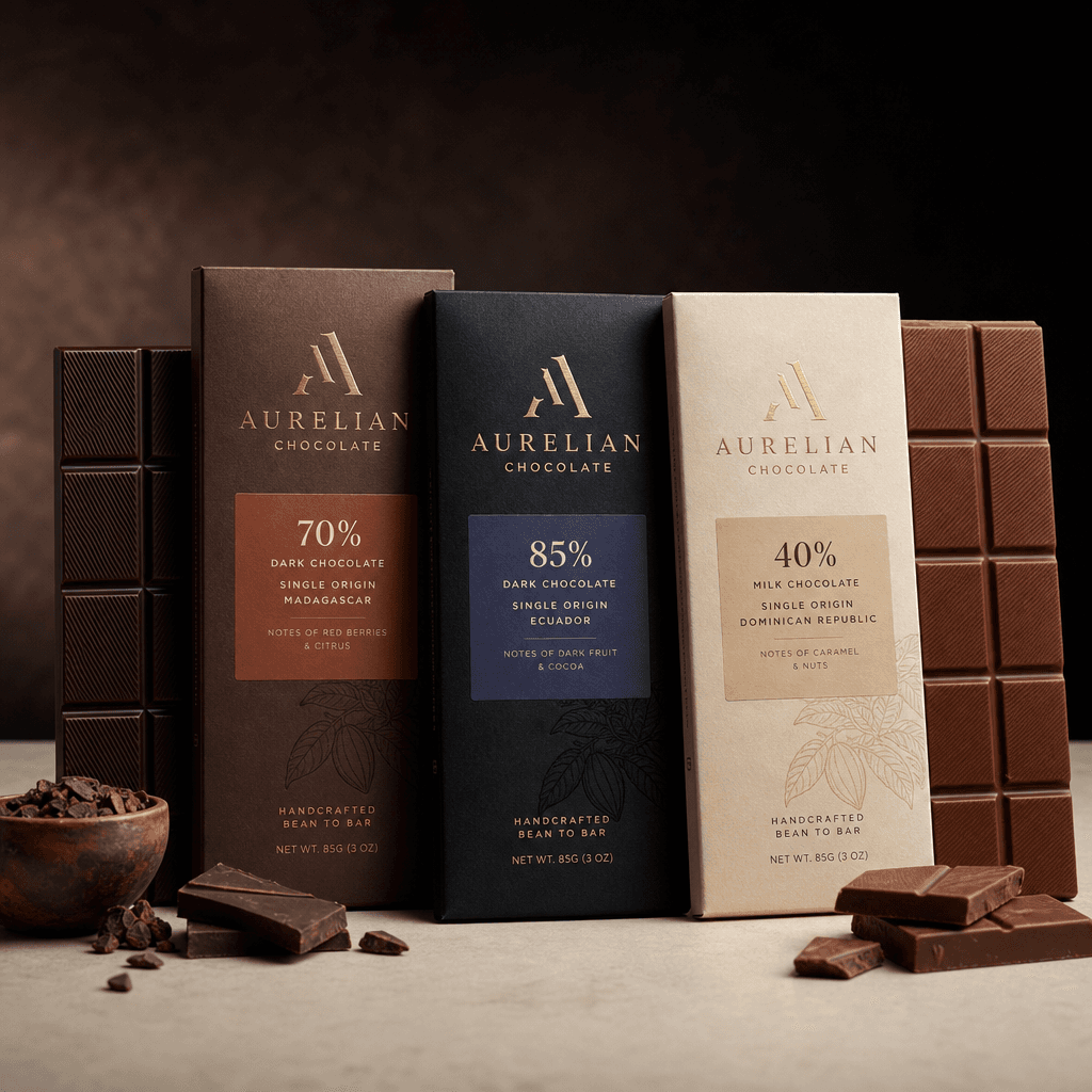 Professional square product listing: artisanal chocolate bars arranged on light neutral surface with dramatic raking lig