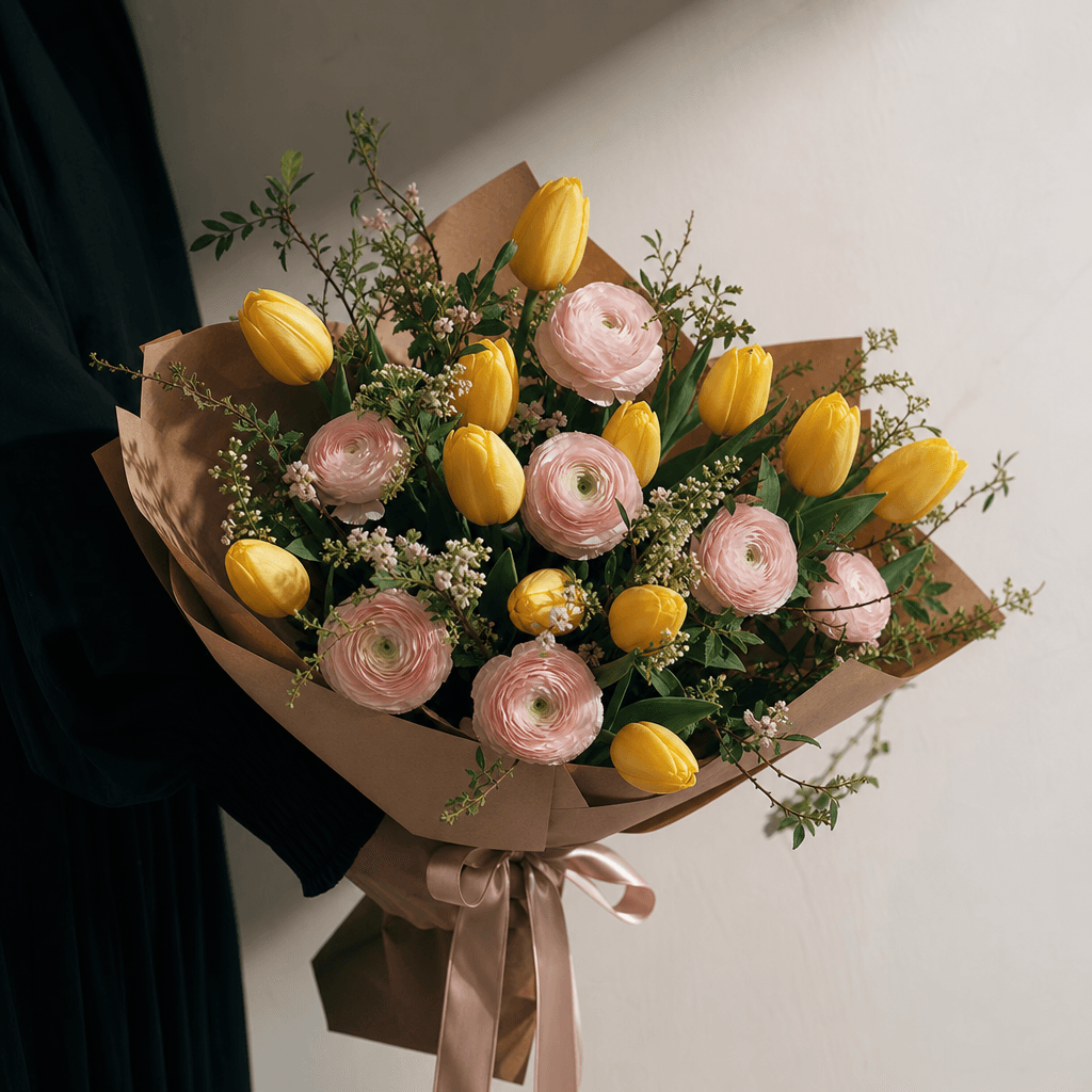 A vibrant spring bouquet of yellow tulips and pale pink ranunculus held against a matte off-white wall, natural paper wr