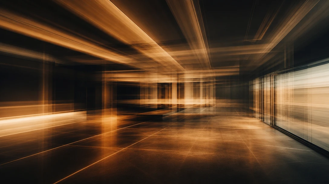Abstract long-exposure architectural interior scene: ceiling beam lines, floor tile grout geometry, and window frame edg