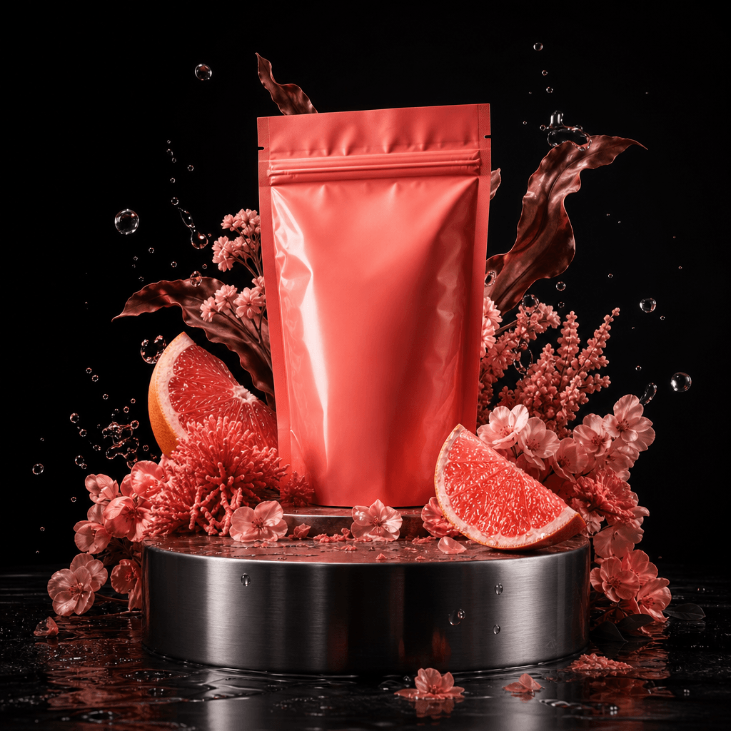A vivid coral supplement pouch elevated on a brushed metal pedestal with grapefruit wedges, pink blossoms, curled leaves