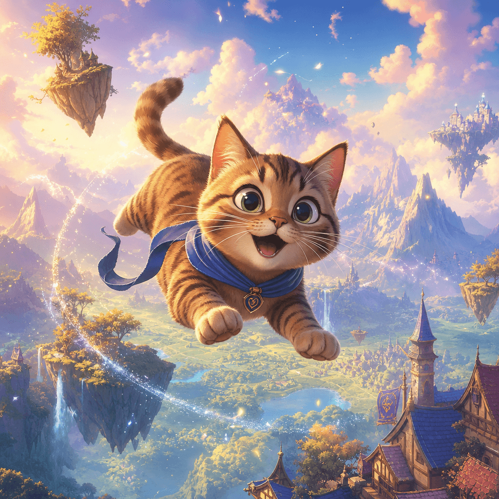 Animated tabby cat floating above whimsical fantasy landscape with mountains and floating islands, soft glowing pastel c