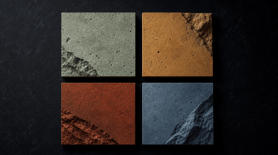 Abstract dark editorial flat-lay showing four concrete and stone architectural material tiles arranged in a precise 2×2