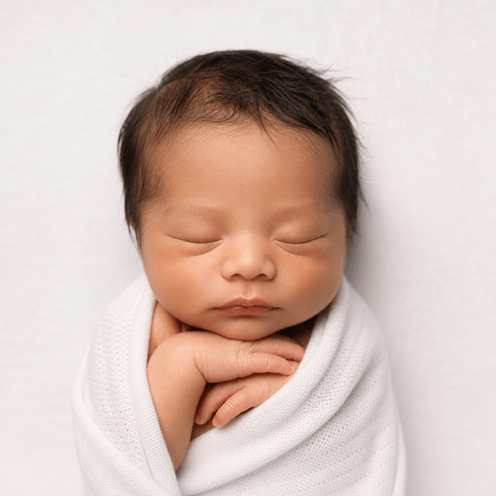 Newborn baby's first day professional studio portrait, soft diffused lighting, white backdrop, precious tiny details, wa