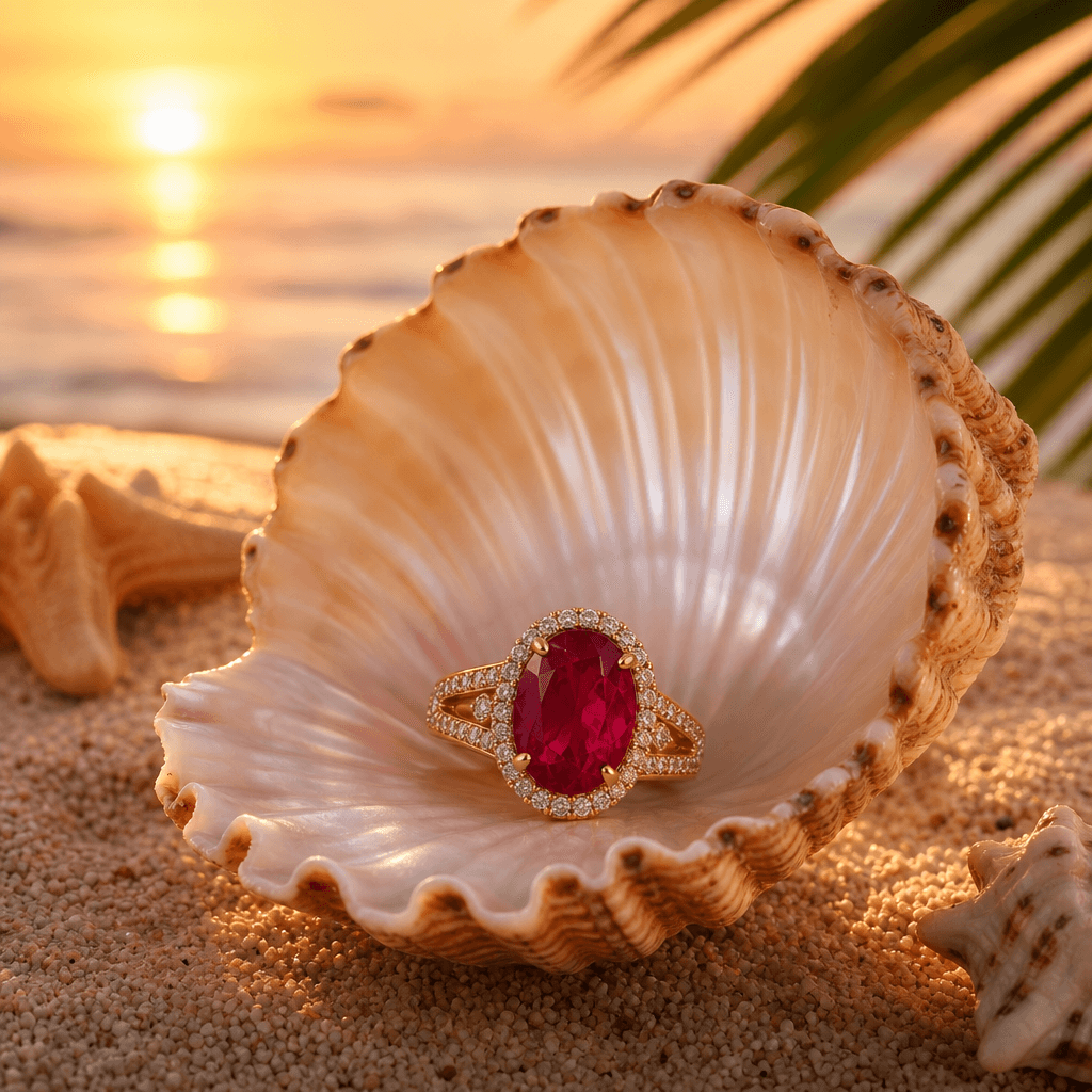 Ruby or emerald gemstone ring displayed in an open seashell on sandy beach surface. Soft golden hour lighting, tropical