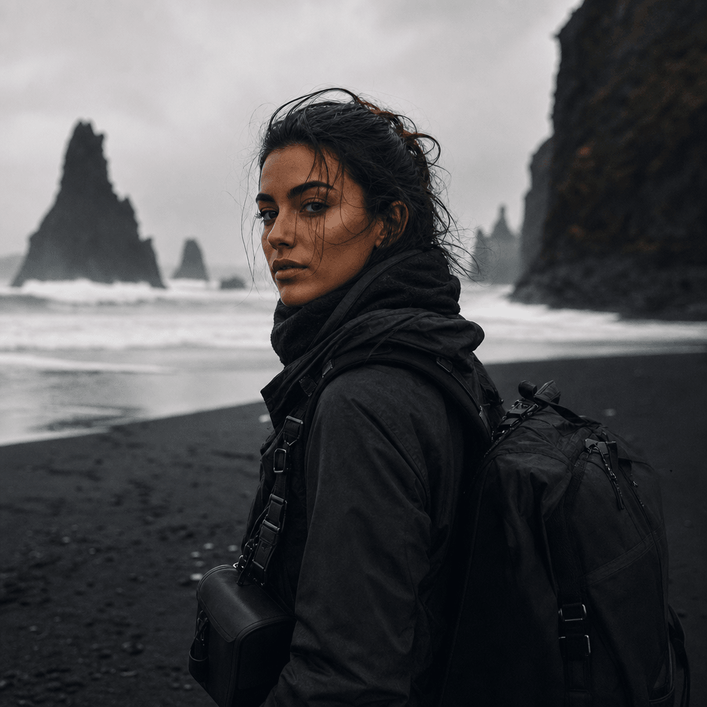 A fictional lifestyle character styled as a sophisticated travel creator on a windswept black-sand coast, charcoal cloth