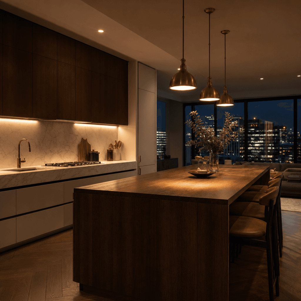 A modern open-plan kitchen at night. Warm under-cabinet LEDs illuminate polished marble worktops. Brushed-brass pendant