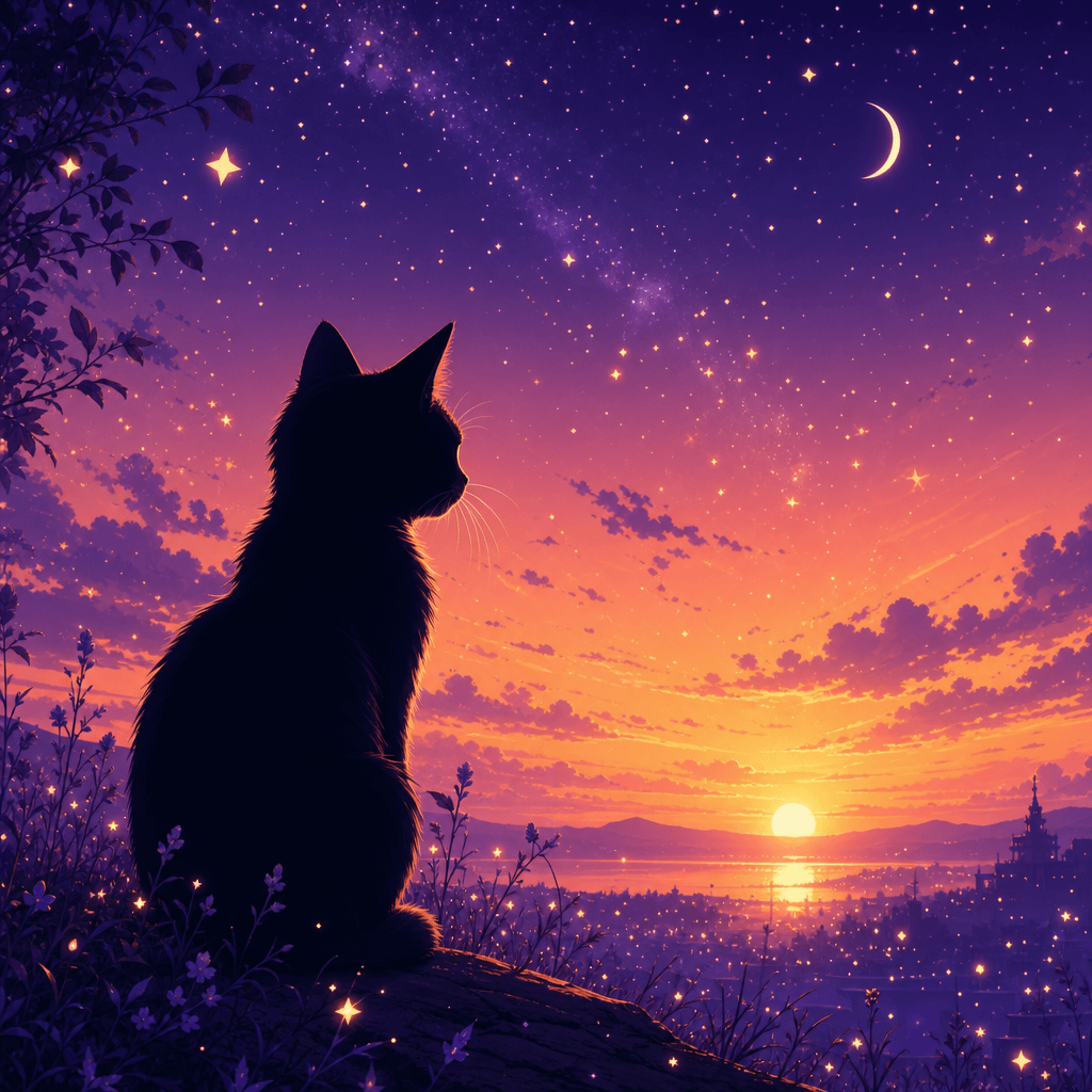 Silhouetted cat profile facing sunset gradient horizon with stars and magical sparkles, purple and orange color grading,