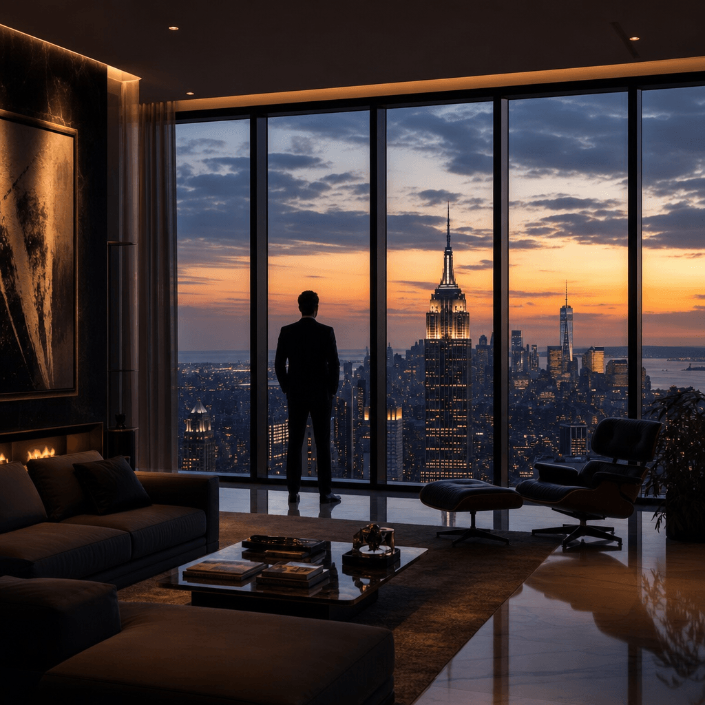 Penthouse view: silhouette of person against floor-to-ceiling windows overlooking city skyline, luxury urban living, dra