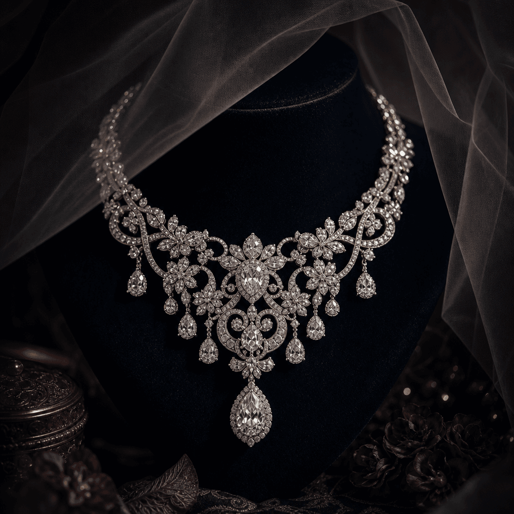 Display a beautiful necklace with a veiled effect, emphasizing its intricate design and sparkling gems. The background s
