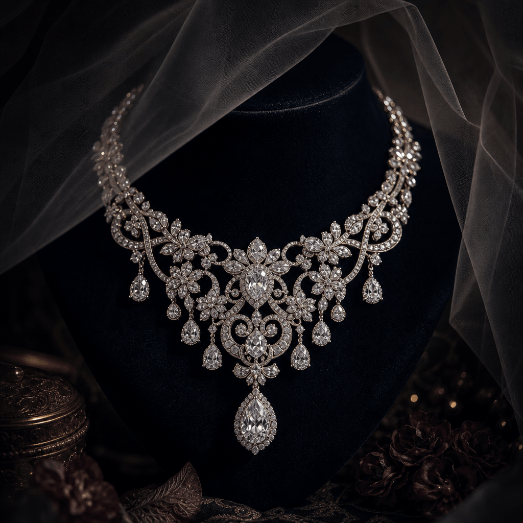 Display a beautiful necklace with a veiled effect, emphasizing its intricate design and sparkling gems. The background s