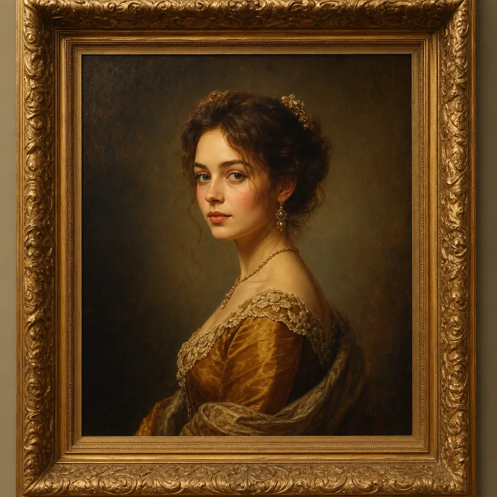 Classical portrait painting with meticulous detail and warm tones, traditional gallery wall presentation, Old Masters te