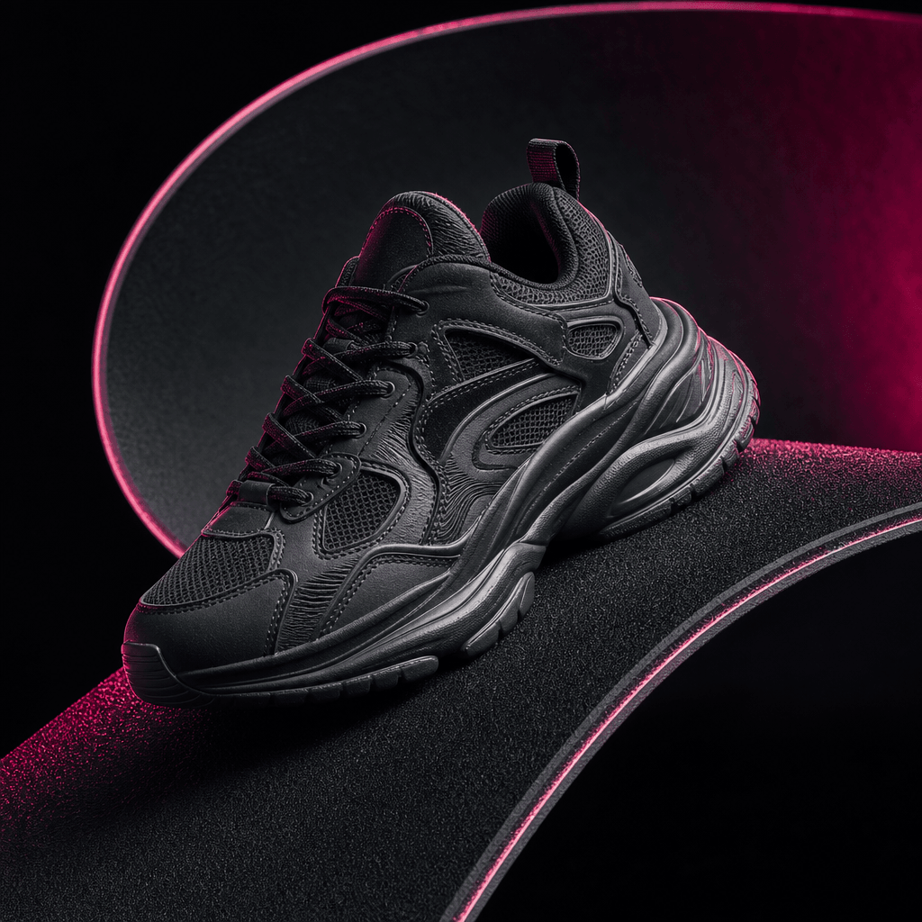A sculptural sneaker positioned on a rolled strip of textured rubber that curves through the frame like a track, dramati