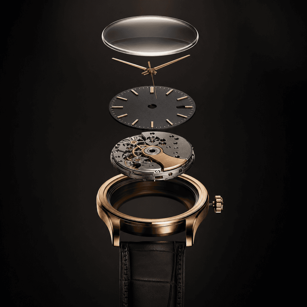 Mechanical wristwatch separated into crystal, hands, dial, movement layers, case, crown, and strap, meticulously aligned