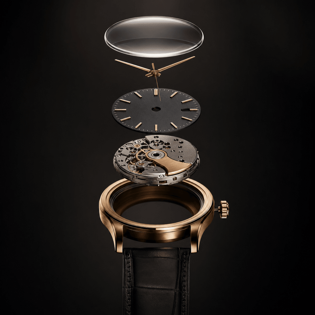 Mechanical wristwatch separated into crystal, hands, dial, movement layers, case, crown, and strap, meticulously aligned