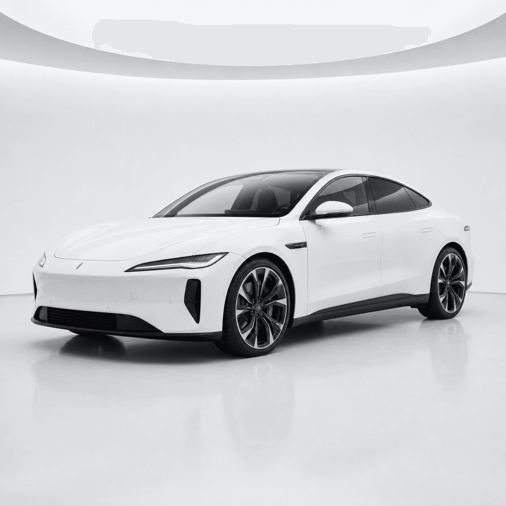 A white electric performance sedan photographed in a pristine infinity cove studio, soft diffused overhead lighting crea