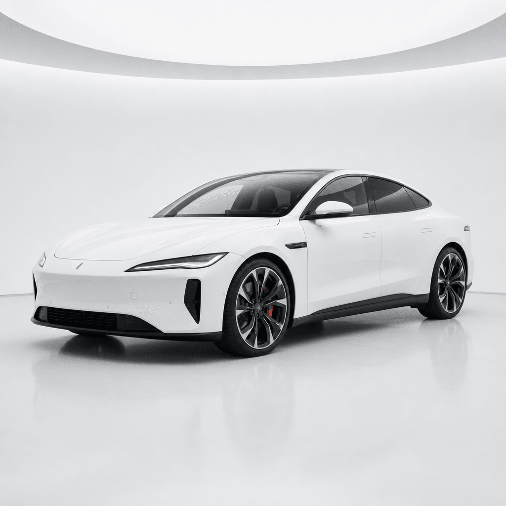 A white electric performance sedan photographed in a pristine infinity cove studio, soft diffused overhead lighting crea