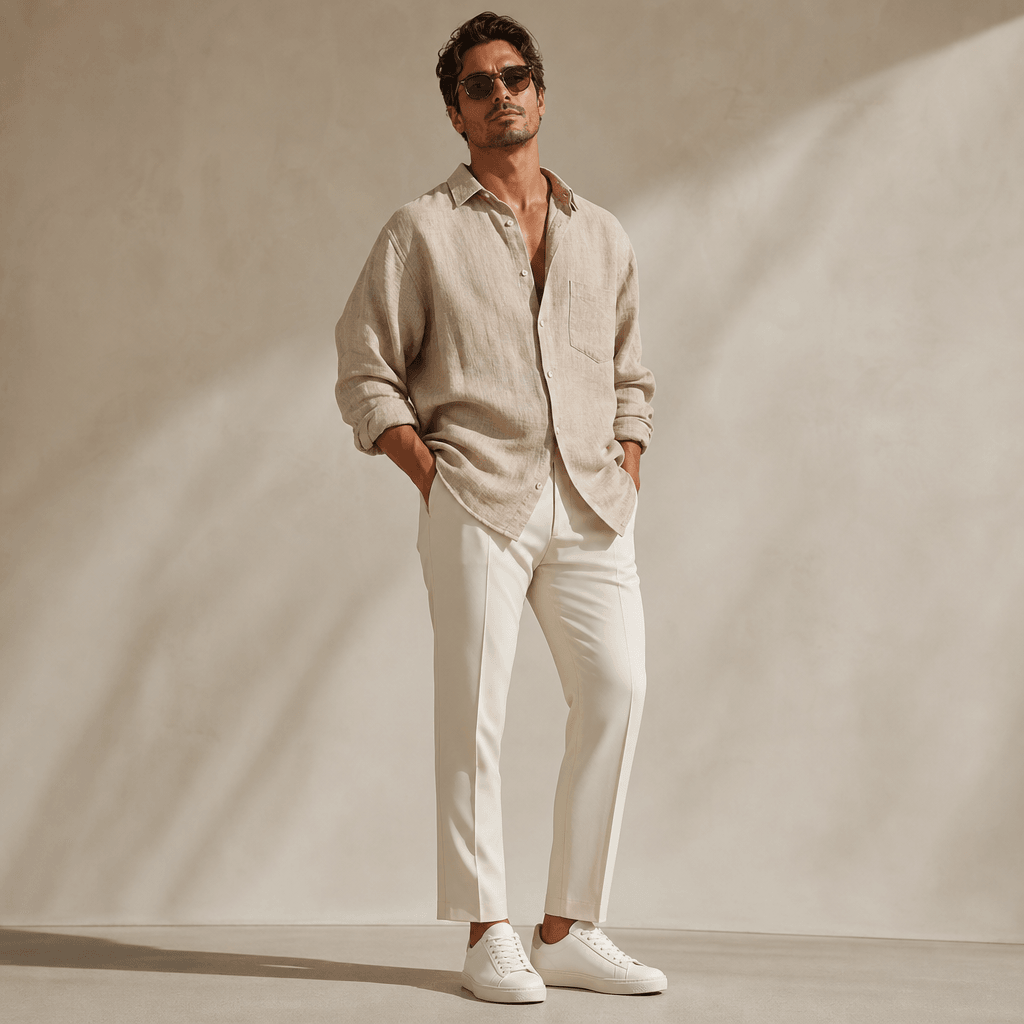 Casual luxury streetwear: oversized linen shirt with fitted trousers and minimalist sneakers, relaxed confident stance i