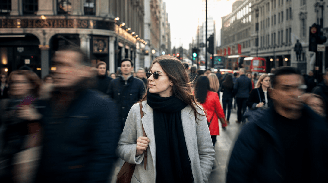 Dynamic city motion: blurred movement of crowd on busy urban street, natural daylight with soft bokeh, energy and flow.