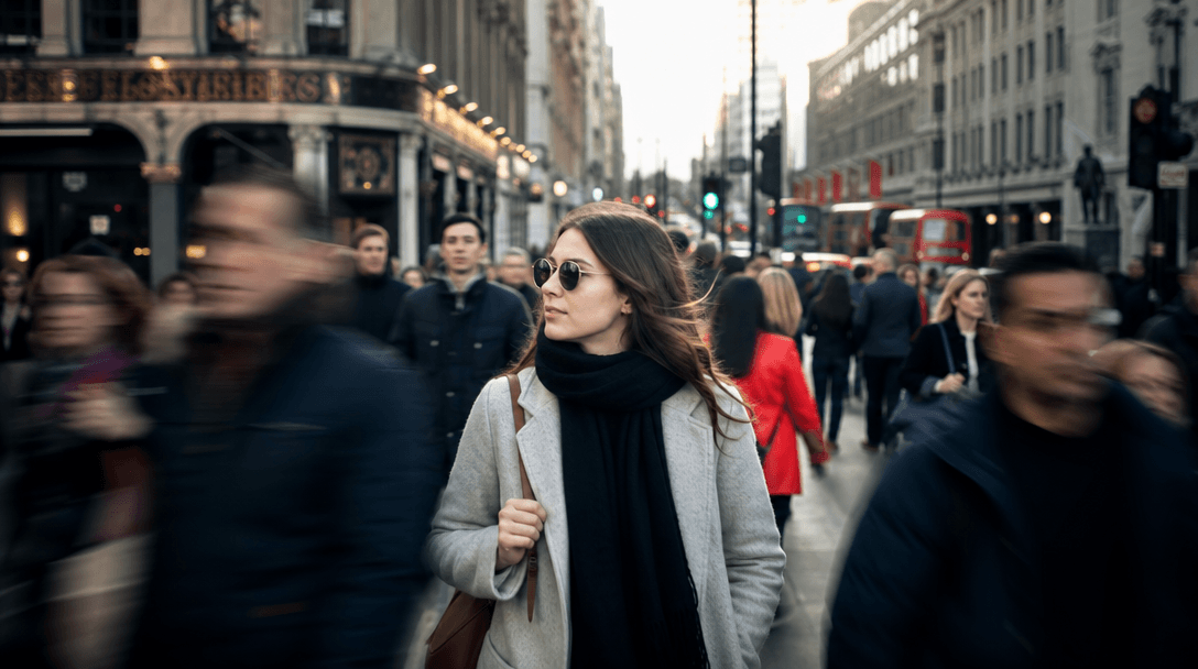 Dynamic city motion: blurred movement of crowd on busy urban street, natural daylight with soft bokeh, energy and flow.