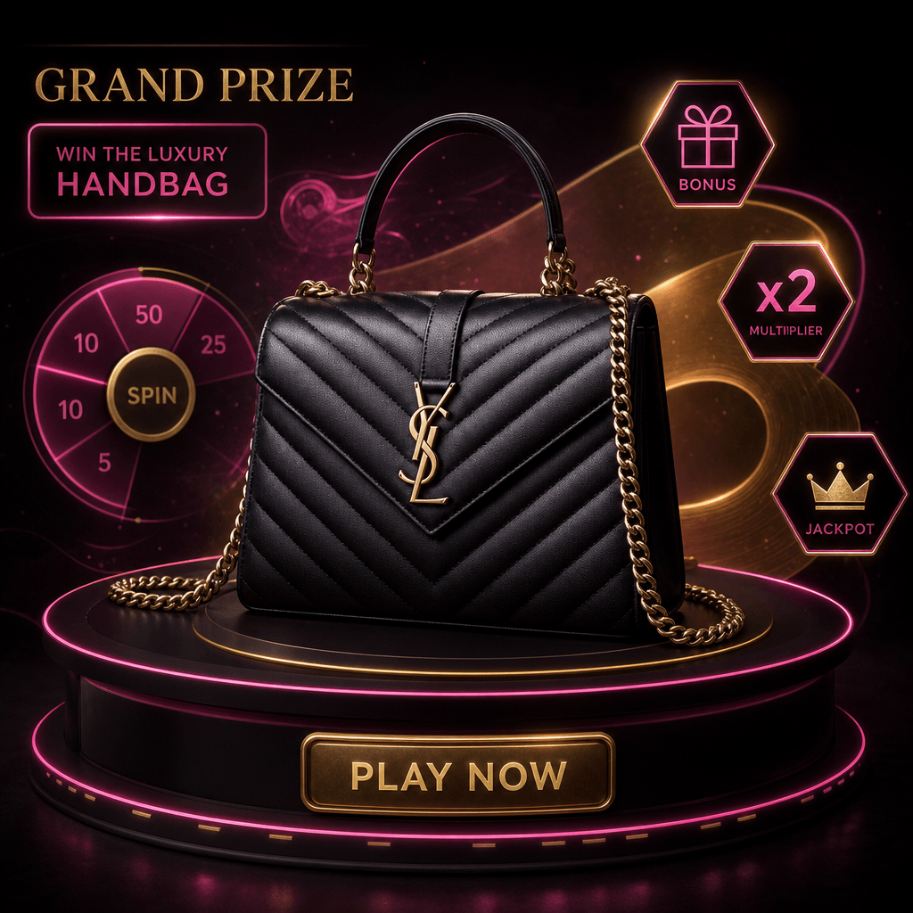 Luxury handbag as game prize focal point, cinematic dramatic lighting, dark background, abstract glowing shapes in hot p