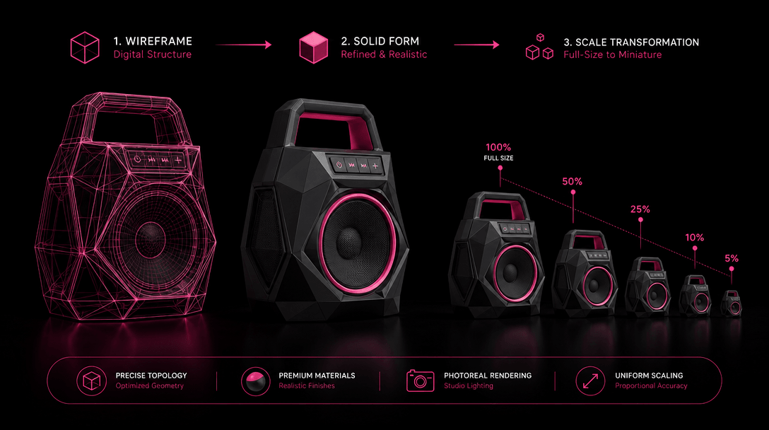 3D digital rendering showing product scaling transformation from full-size to miniature, geometric wireframe to solid fo