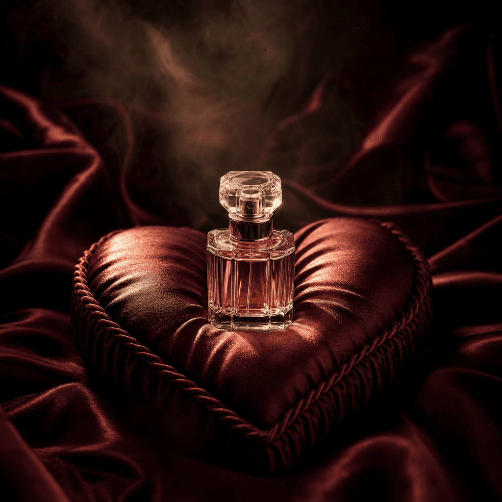 A small perfume bottle displayed on a burgundy silk heart pillow, dramatic pool of warm studio light, deep shadows and l