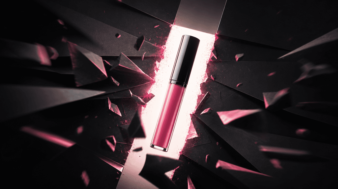 A beauty product breaking through layered matte-black paper planes as a brilliant rectangular beam isolates it from dark