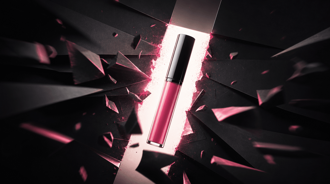 A beauty product breaking through layered matte-black paper planes as a brilliant rectangular beam isolates it from dark