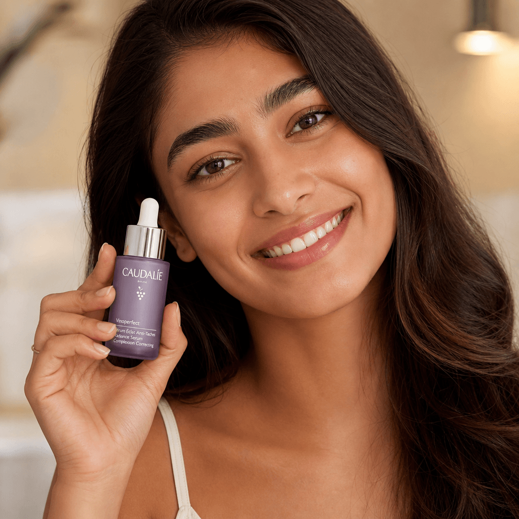 A person demonstrating a beauty or skincare product through natural hand gesture and facial expression. Warm professiona